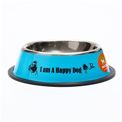Миска железная с нескользящим основанием "I am happy dog" 15 х 3,5 см, 470 мл, синяя