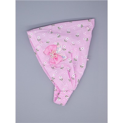 Косынка для девочки на резинке, цветочки, бусинки, сбоку розовый бантик, розовый