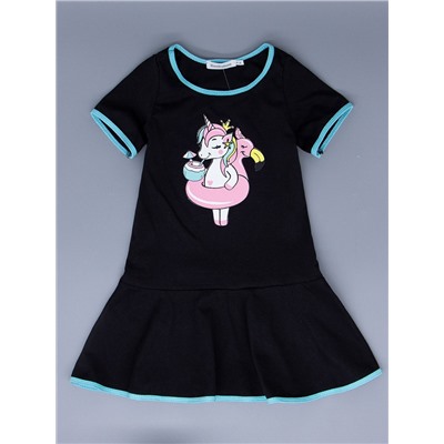 Платье трикотажное для девочки с рукавами, пони-единорог с кругом "фламинго", черный