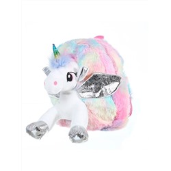 Рюкзак для девочки плюшевый, игрушка белый единорог с серебряными крыльями, розовый
