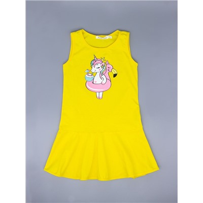Платье трикотажное для девочки, пони-единорог с кругом "фламинго", желтый