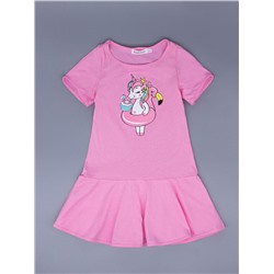 Платье трикотажное для девочки с рукавами, пони-единорог с кругом "фламинго", розовый