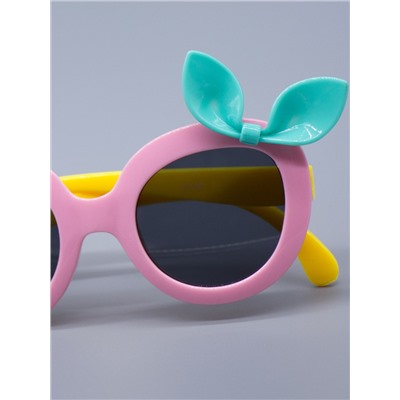 Очки детские солнцезащитные, сбоку бирюзовый бантик, желтые заушники, розовый