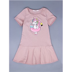 Платье трикотажное для девочки с рукавами, пони-единорог с кругом "фламинго", пудровый