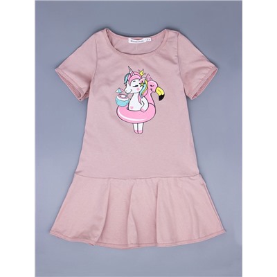 Платье трикотажное для девочки с рукавами, пони-единорог с кругом "фламинго", пудровый