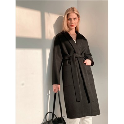 3813 Пальто-кокон чёрного цвета с накладными карманами