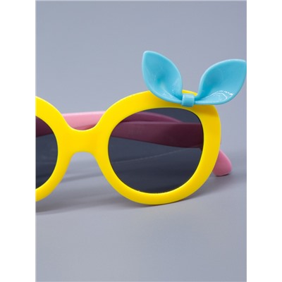 Очки детские солнцезащитные, сбоку голубой бантик, розовые заушники, желтый