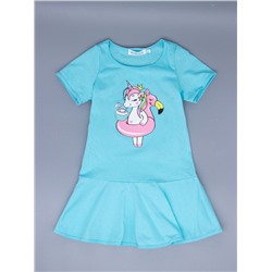 Платье трикотажное для девочки с рукавами, пони-единорог с кругом "фламинго", бирюзовый