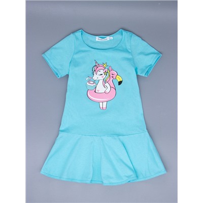 Платье трикотажное для девочки с рукавами, пони-единорог с кругом "фламинго", бирюзовый
