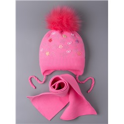 Набор:Шапка вязаная с помпоном+шарф, цветы из страз и бусин, на завязках, ярко-розовый