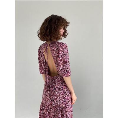 6352 Платье-миди с открытой спиной с розово-чёрным принтом