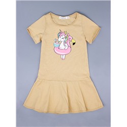 Платье трикотажное для девочки с рукавами, пони-единорог с кругом "фламинго", бежевый